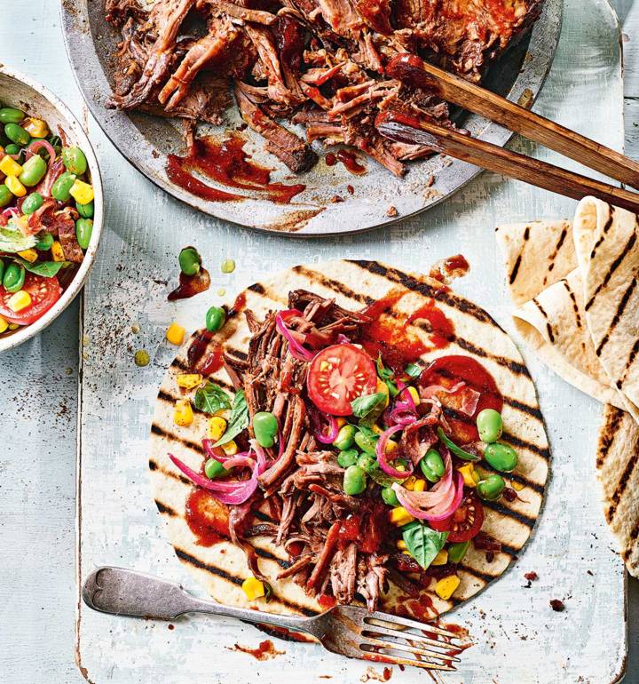 Texan-style barbecue beef brisket and succotash
