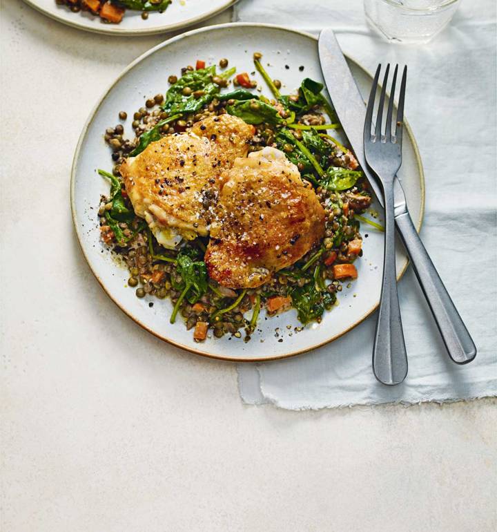 Crispy chicken thighs with mustardy lentils