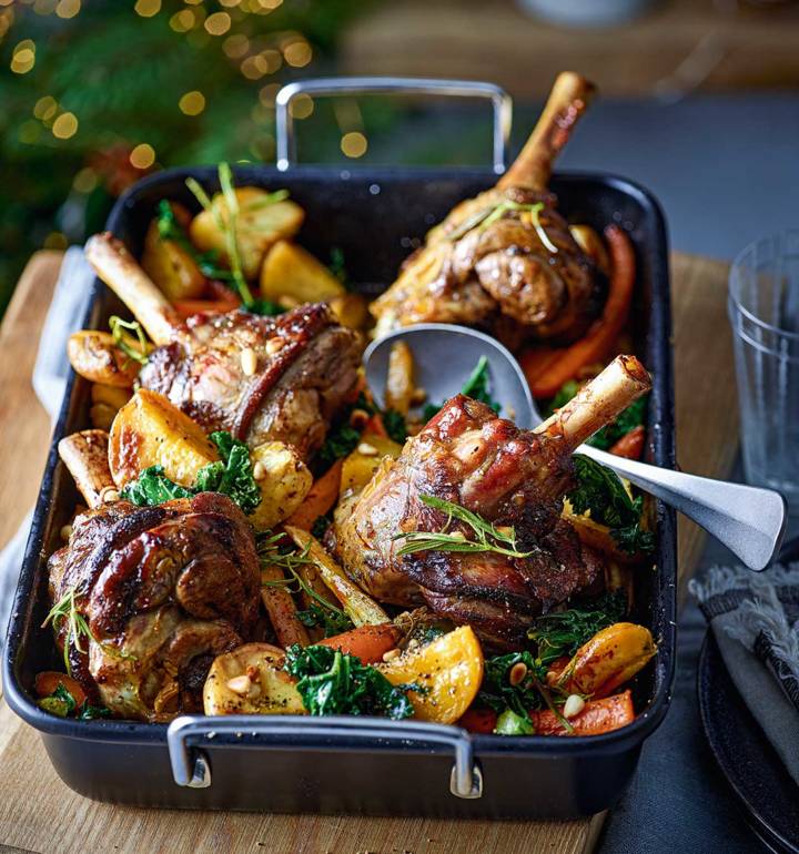 Cinnamon and saffron lamb shank with roasted roots