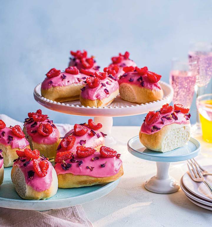 Raspberry and rose iced buns