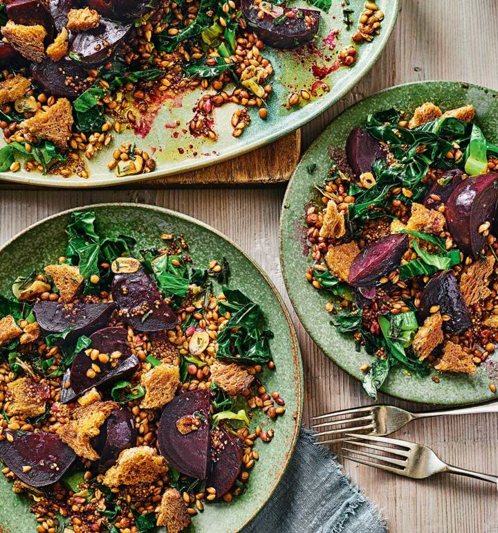 Warm beetroot and spelt salad with toasted seeds