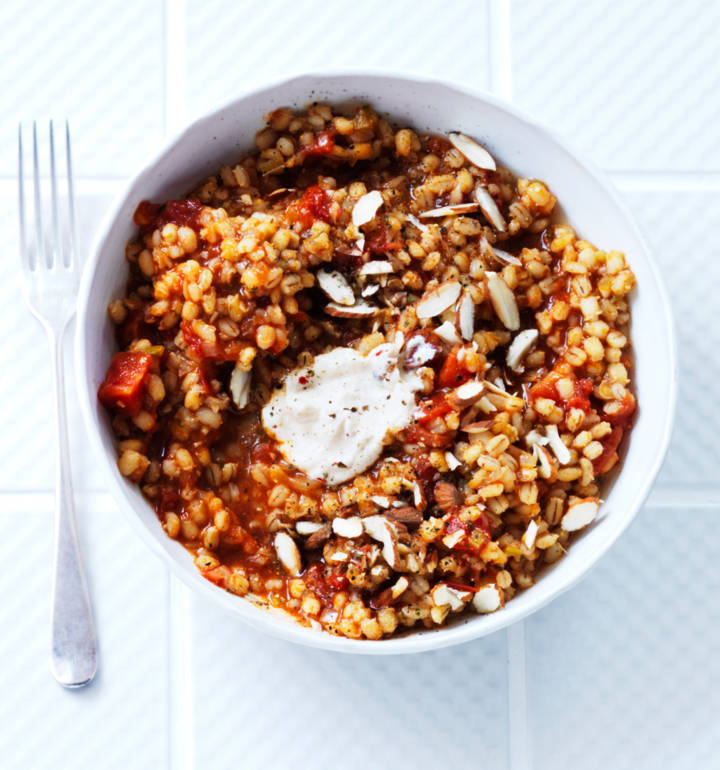 Tomato and rosemary pearl barley risotto