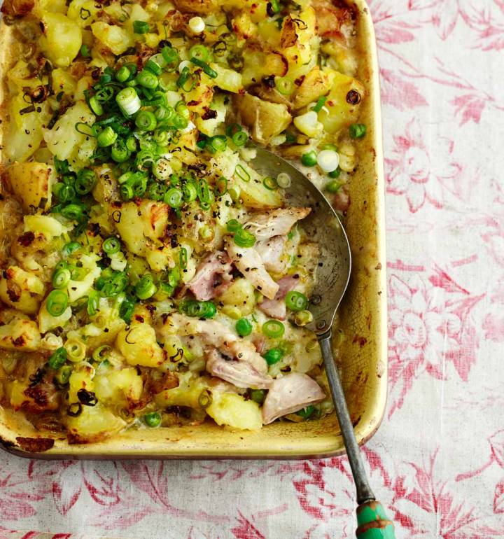 Cider chicken and bacon pie with crushed new potato topping