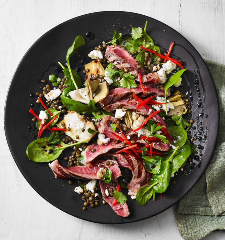 Puy lentils with steak and feta
