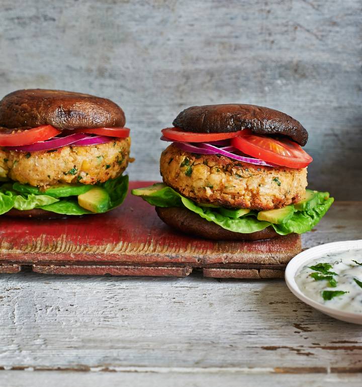 Chickpea burgers in roasted portobello ‘buns’