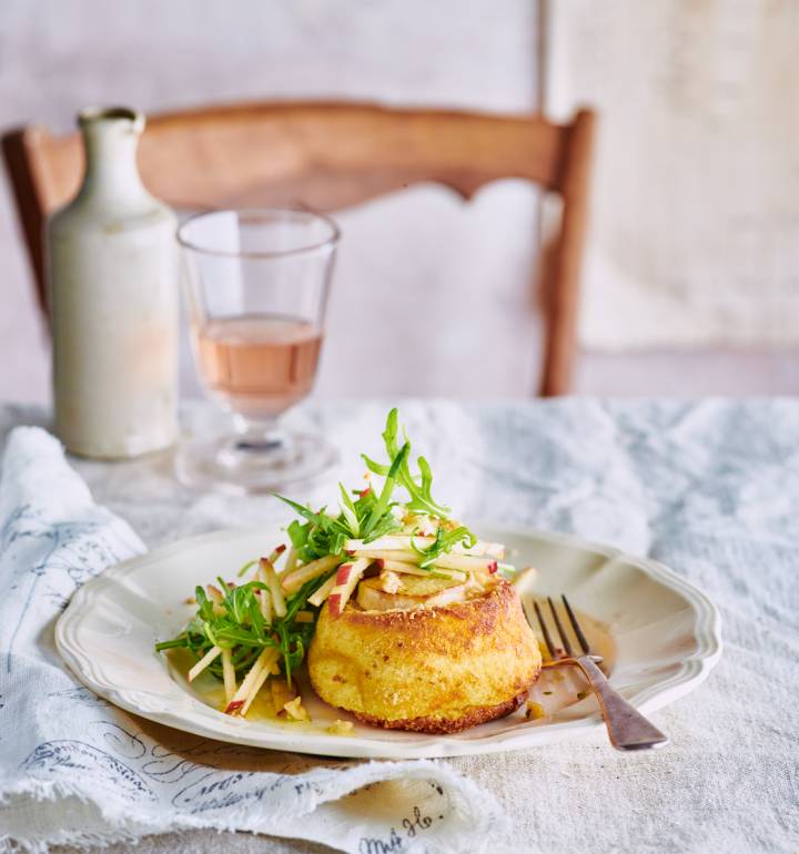 Twice-cooked goats’ cheese soufflés with apple and walnut salad