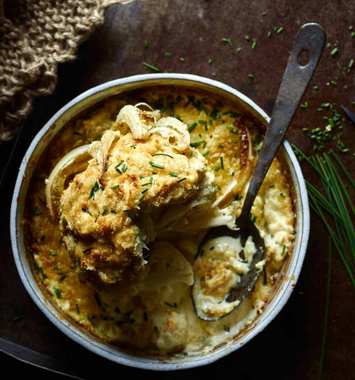 Cheddar and mustard whole roasted cauliflower