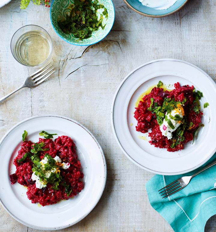 Beetroot and goats' cheese risotto with mint gremolata