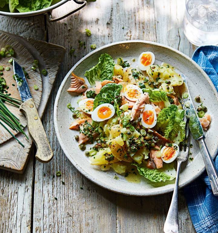 Warm Jersey Royal salad with hot-smoked trout and herby vinaigrette