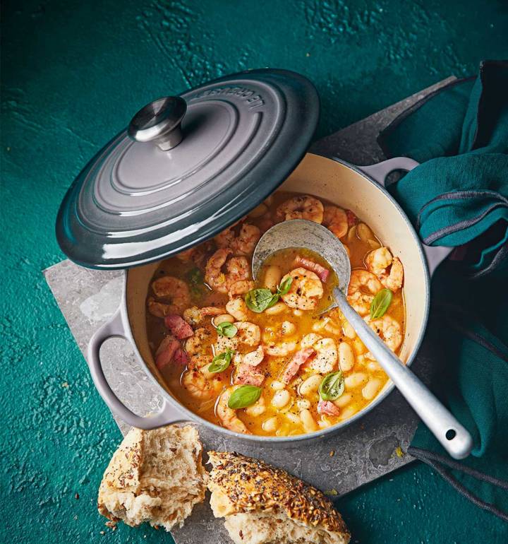 Prawn, bacon and white bean stew