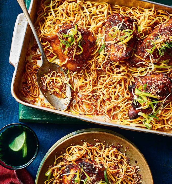 Gochujang chicken thighs with a spring onion and sesame salad