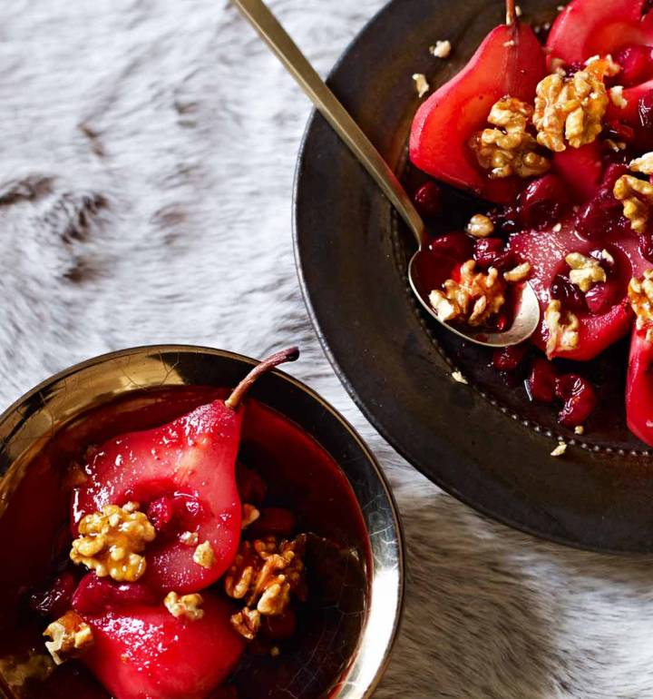 Roasted pears with cranberries and candied walnuts