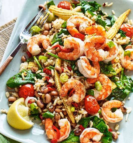 Piri piri rice and peas with garlic prawns