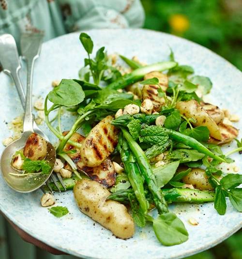 Griddled new potatoes with asparagus and hazelnuts | Sainsbury`s Magazine