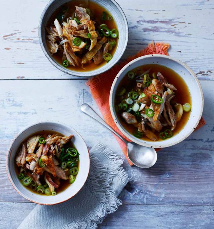 Pulled chicken and shiitake mushroom broth