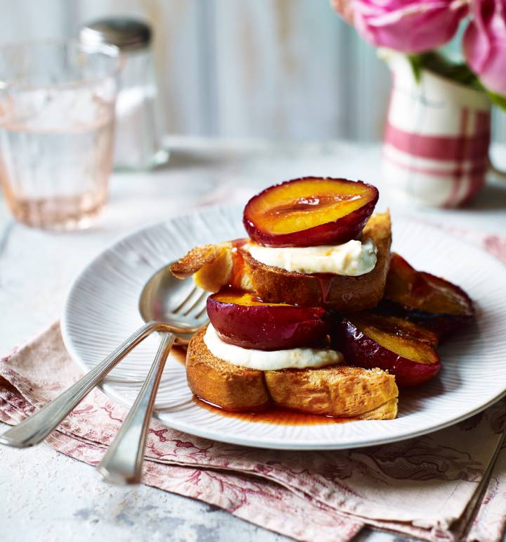 Roasted plums with honeyed ricotta recipe | Sainsbury`s Magazine