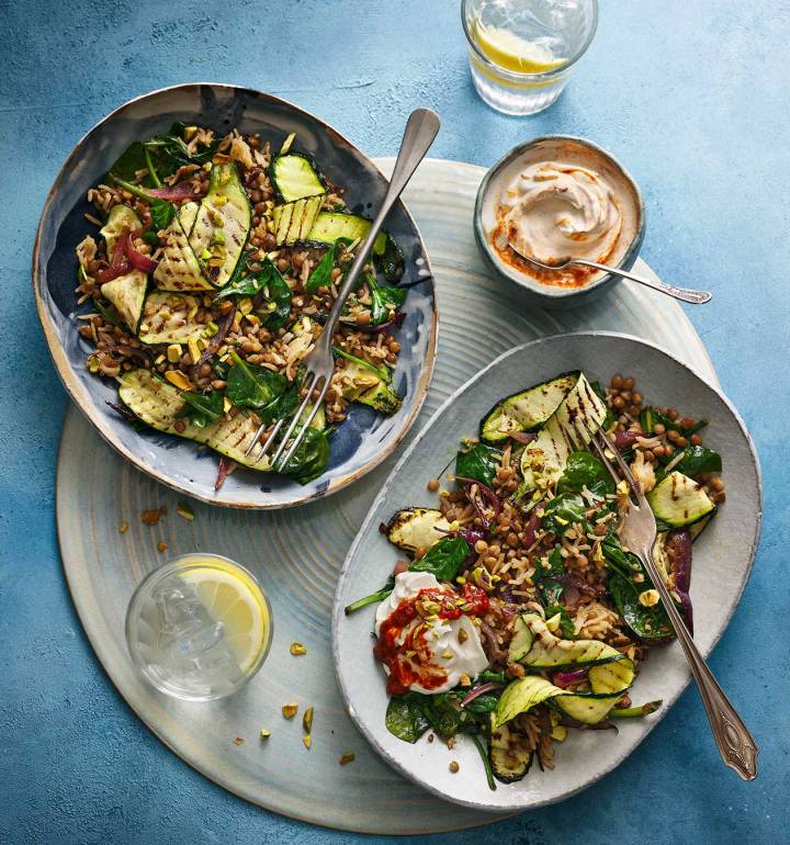 Middle Eastern rice bowl with spicy yogurt