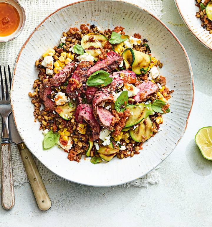 Steak and griddled vegetable grain bowl