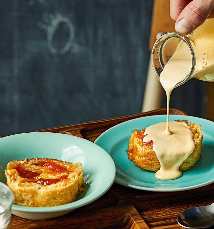 Apricot jam roly-poly with cardamom and vanilla custard