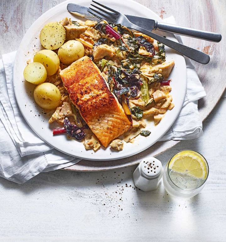 Salmon with creamy artichoke sauce recipe | Sainsbury`s Magazine