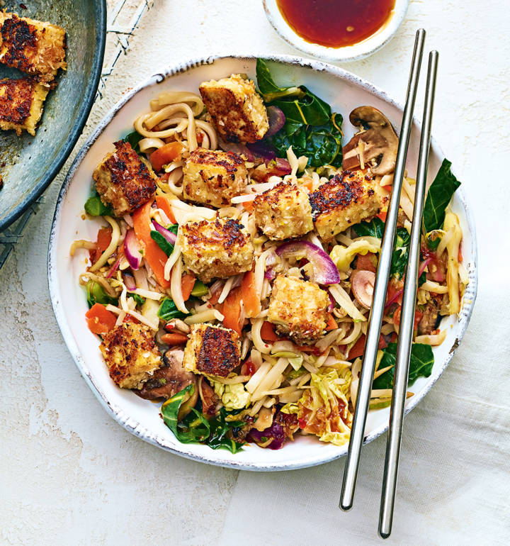 Coconut tofu stir-fry and noodles