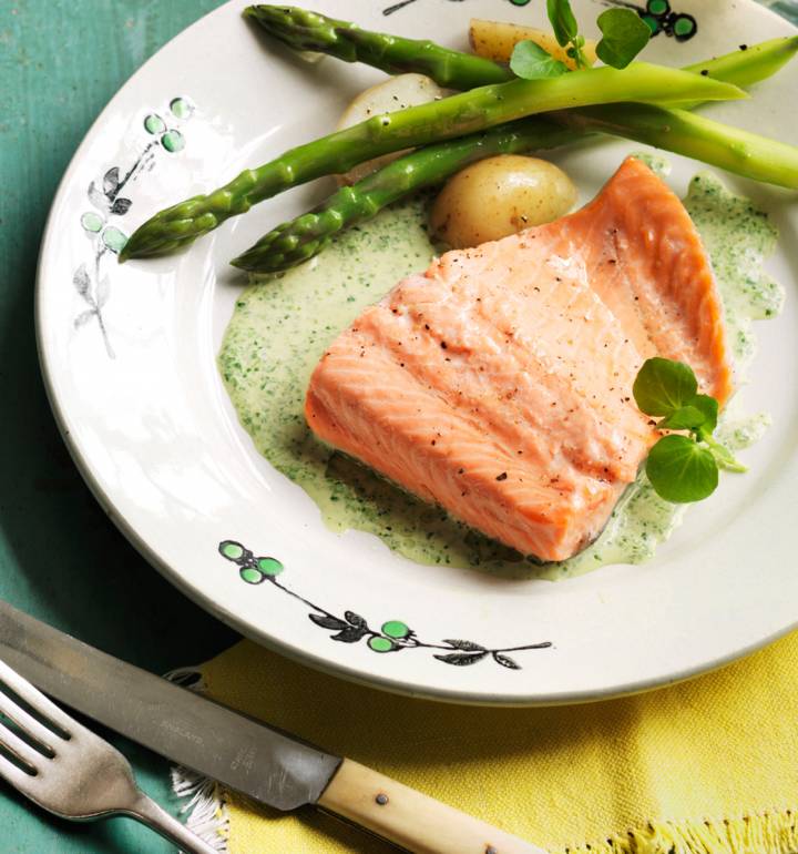 Poached trout with watercress sauce