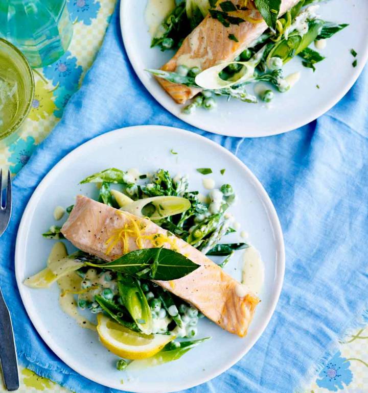 Bay-steamed salmon with tarragon veg