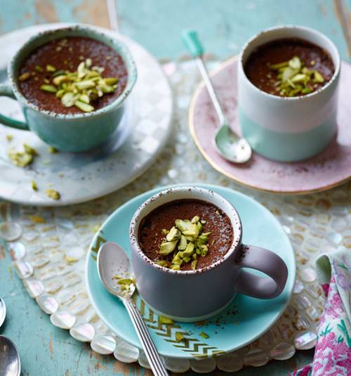 Chocolate, sour cherry and pistachio pots