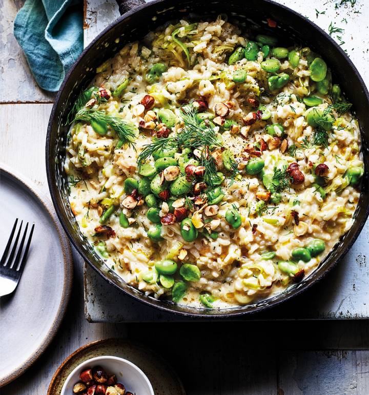 Broad bean, dill and hazelnut risotto
