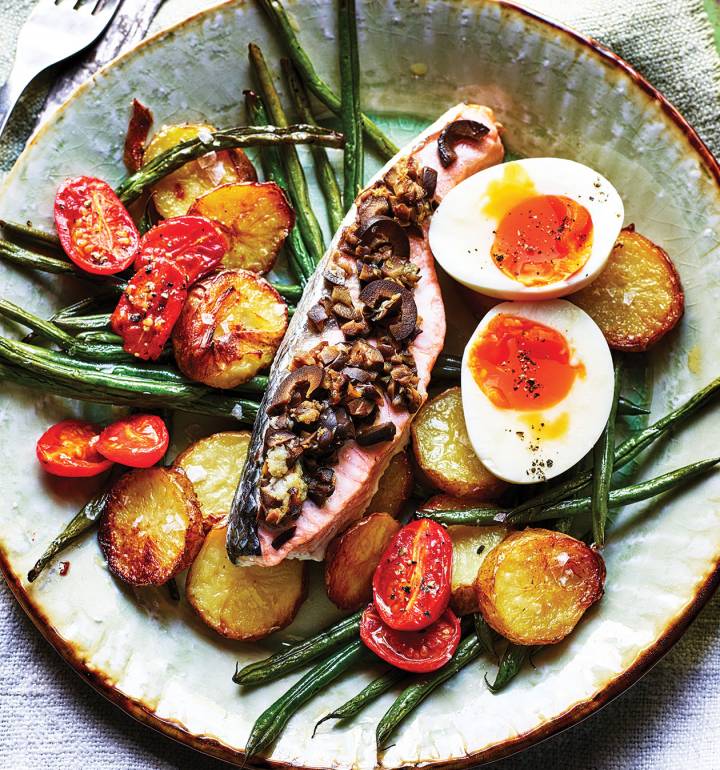 Roasted salmon Niçoise with soft-boiled eggs