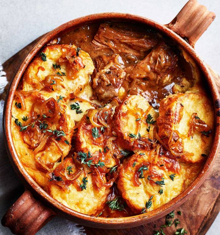 French onion beef stew with Gruyère gratin