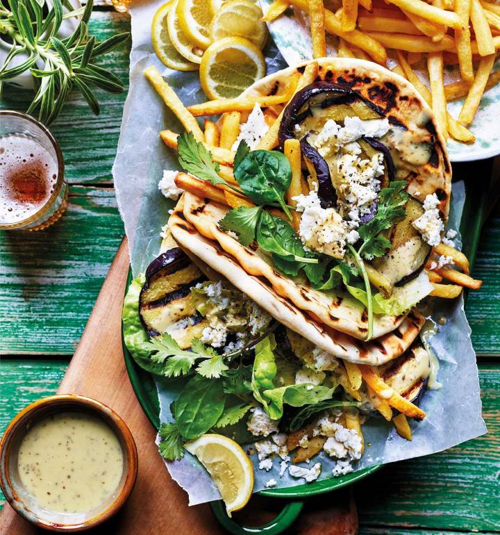 Barbecued aubergine, pesto & feta gyros