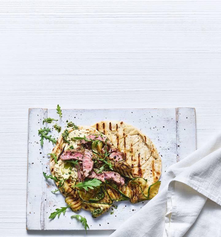 Lamb flatbreads with Greek pesto