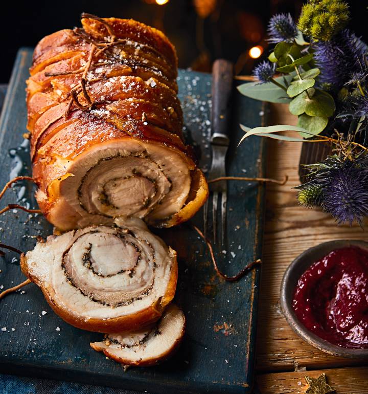 Japanese seven-spice pork belly with cranberry and orange ketchup