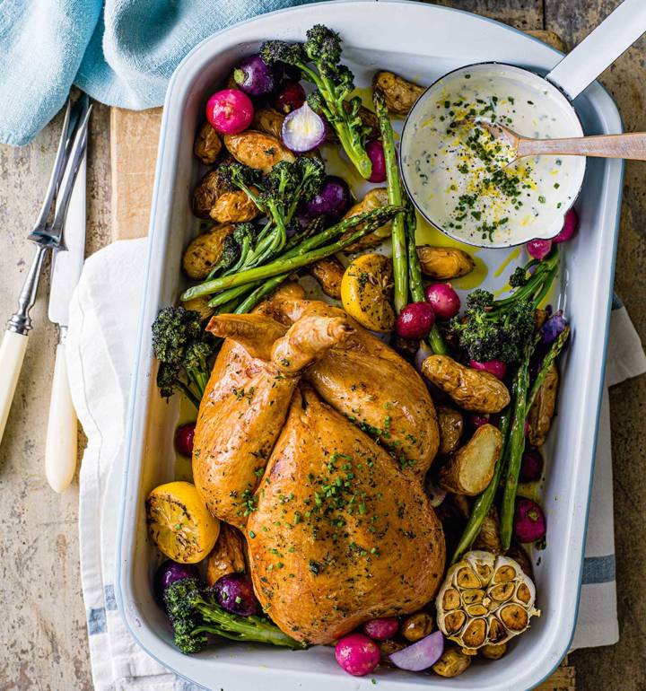 Spring chicken roast dinner