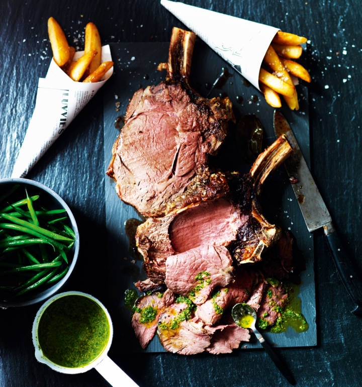 Roast ribs of beef with salsa verde