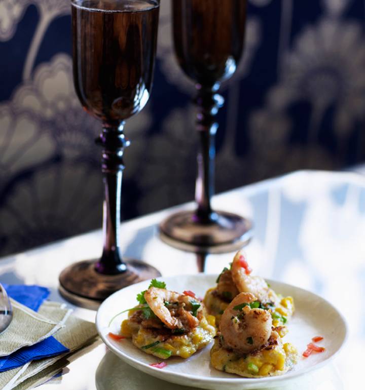 Corn fritters with prawn, coconut, peanut and chilli sambal