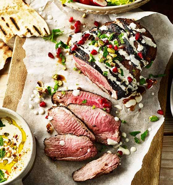 Moroccan lamb with pomegranate, pistachios and fattoush salad