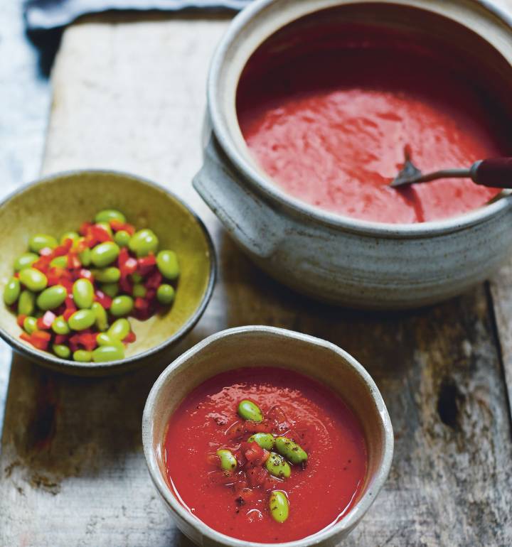 Sichuan-roasted red pepper soup with five-spice edamame relish