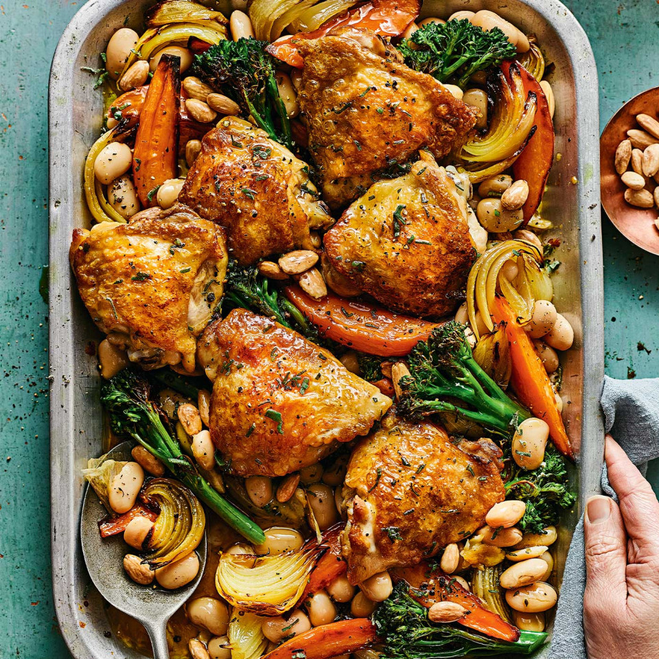 Golden chicken and bean traybake with sherry and sage dressing