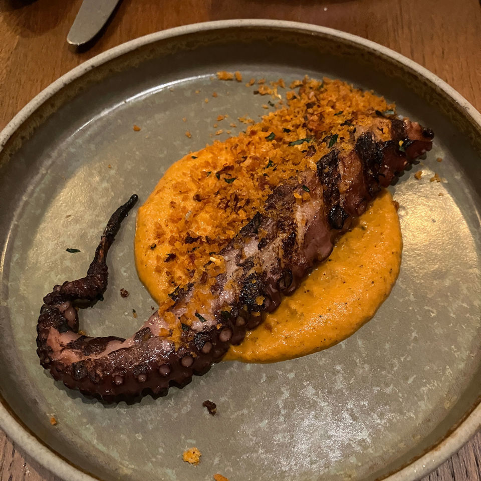 Octopus, burnt pepper and nduja crumb