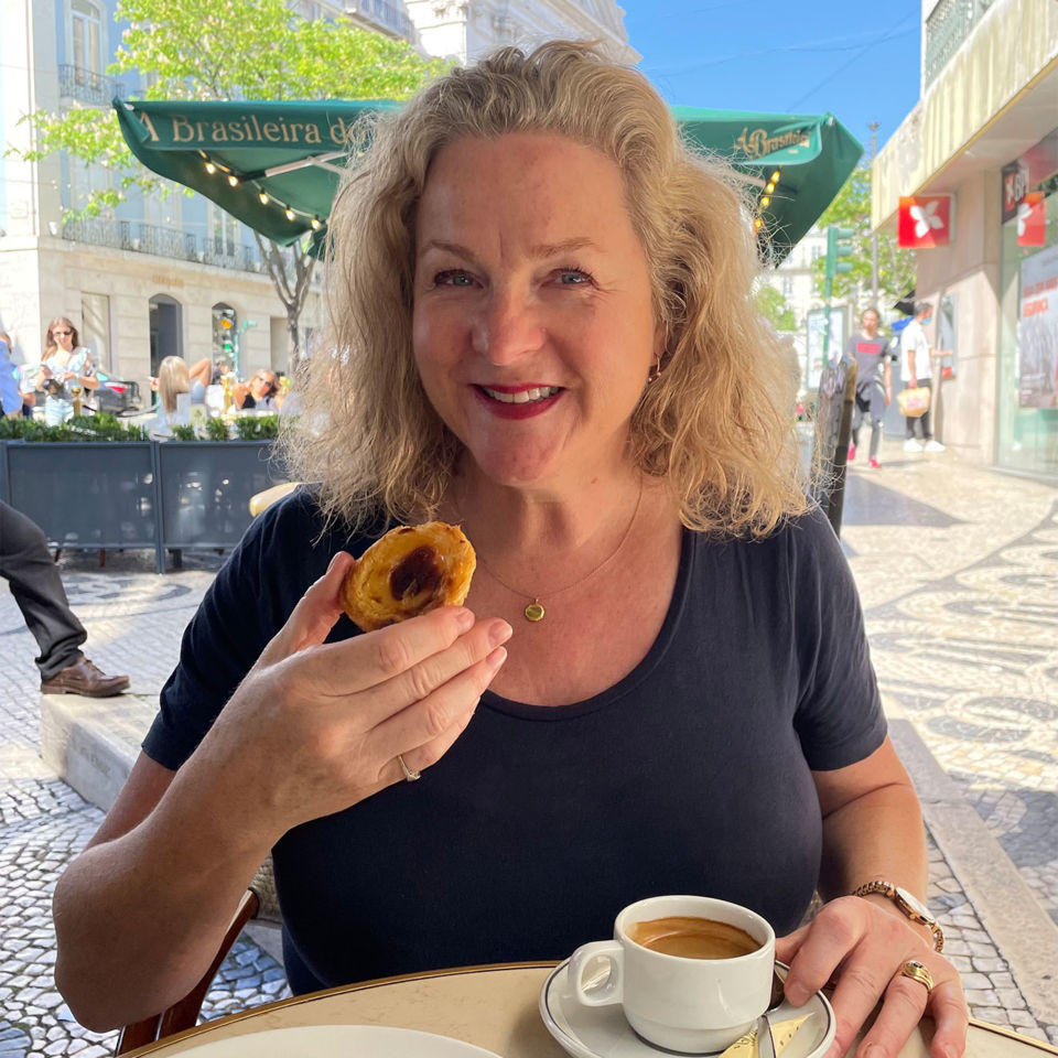 Louise enjoying her first custard tart