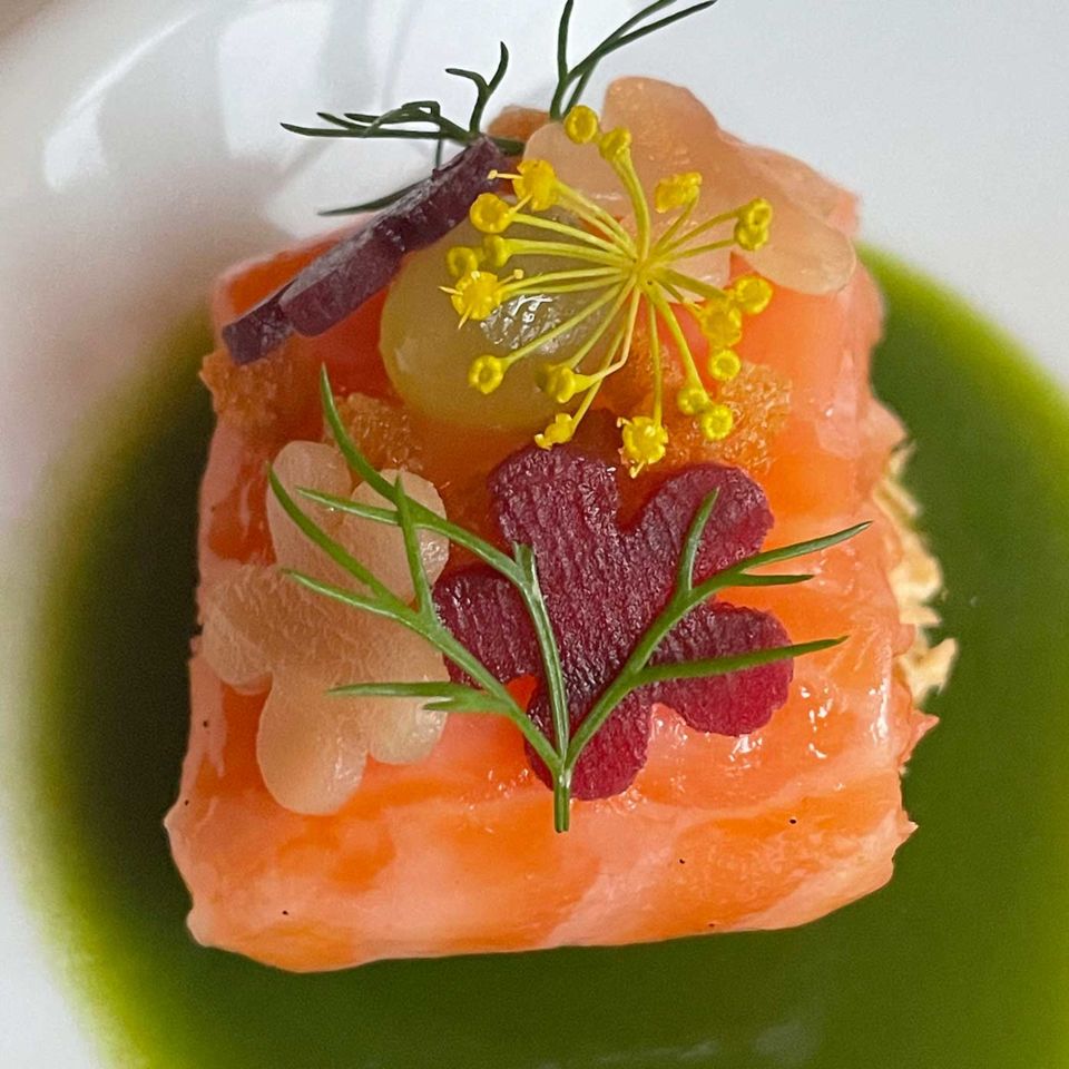 The ‘pretty as a picture’ salmon dish served with a garden herb gazpacho