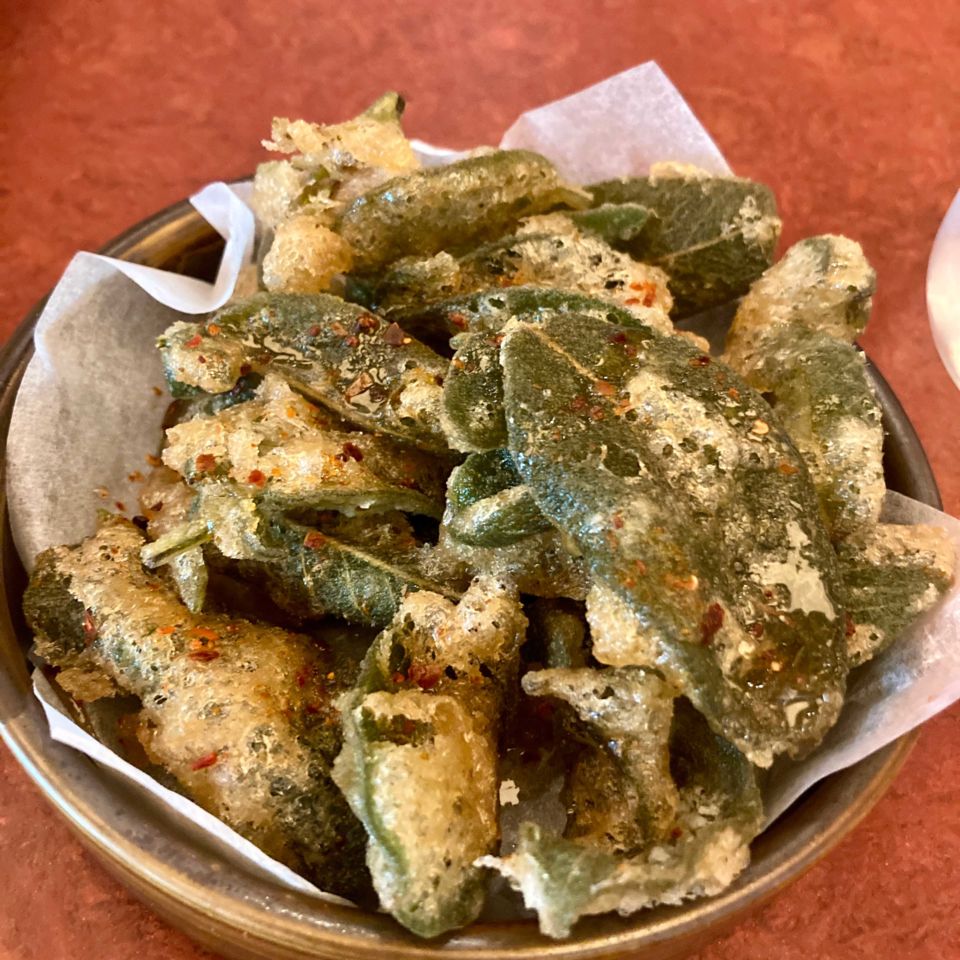 Crispy fried sage leaves with heather honey and chilli