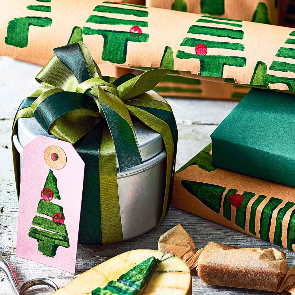 Potato print wrap and tags. Craft: Tony Hutchinson. Image: Martin Poole