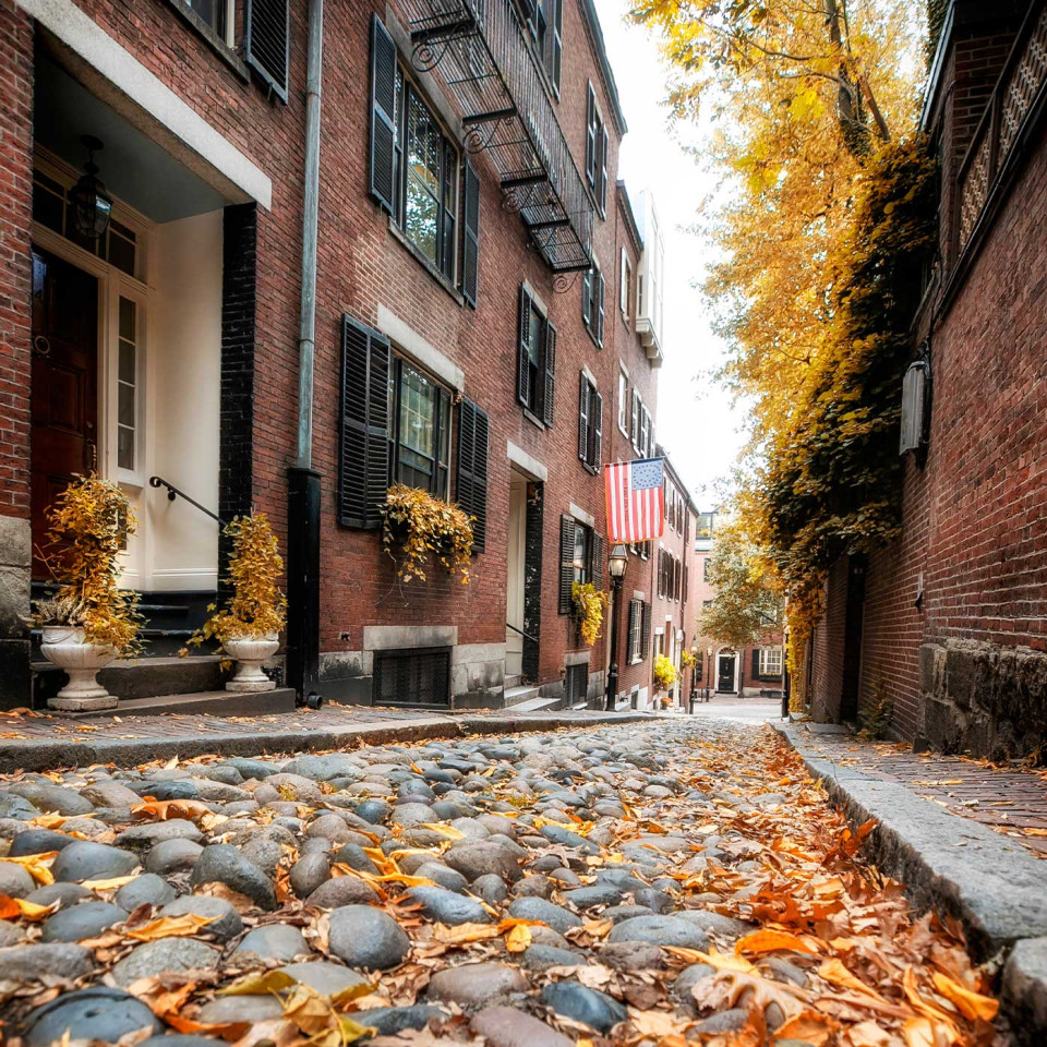 Leafy Acorn Street with brick brownstones and cobbled street. Image: Kyle Klein