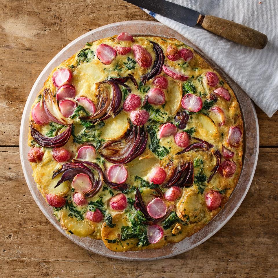 Springtime frittata with roasted radishes. Image: Rob Streeter