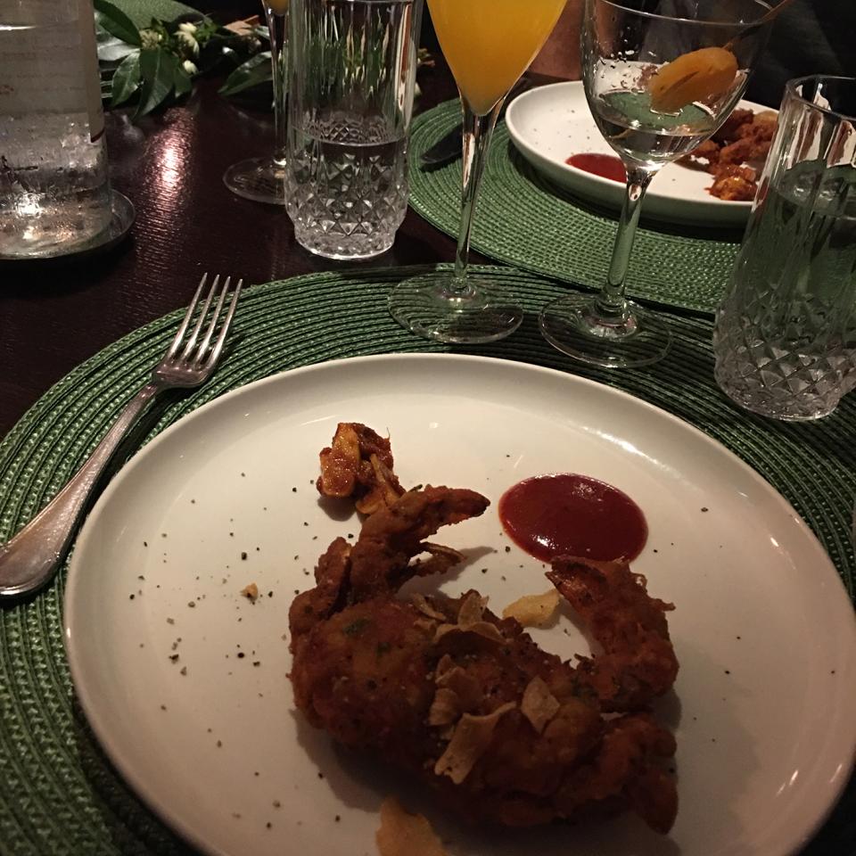 Battered soft-shell crab with plum chutney