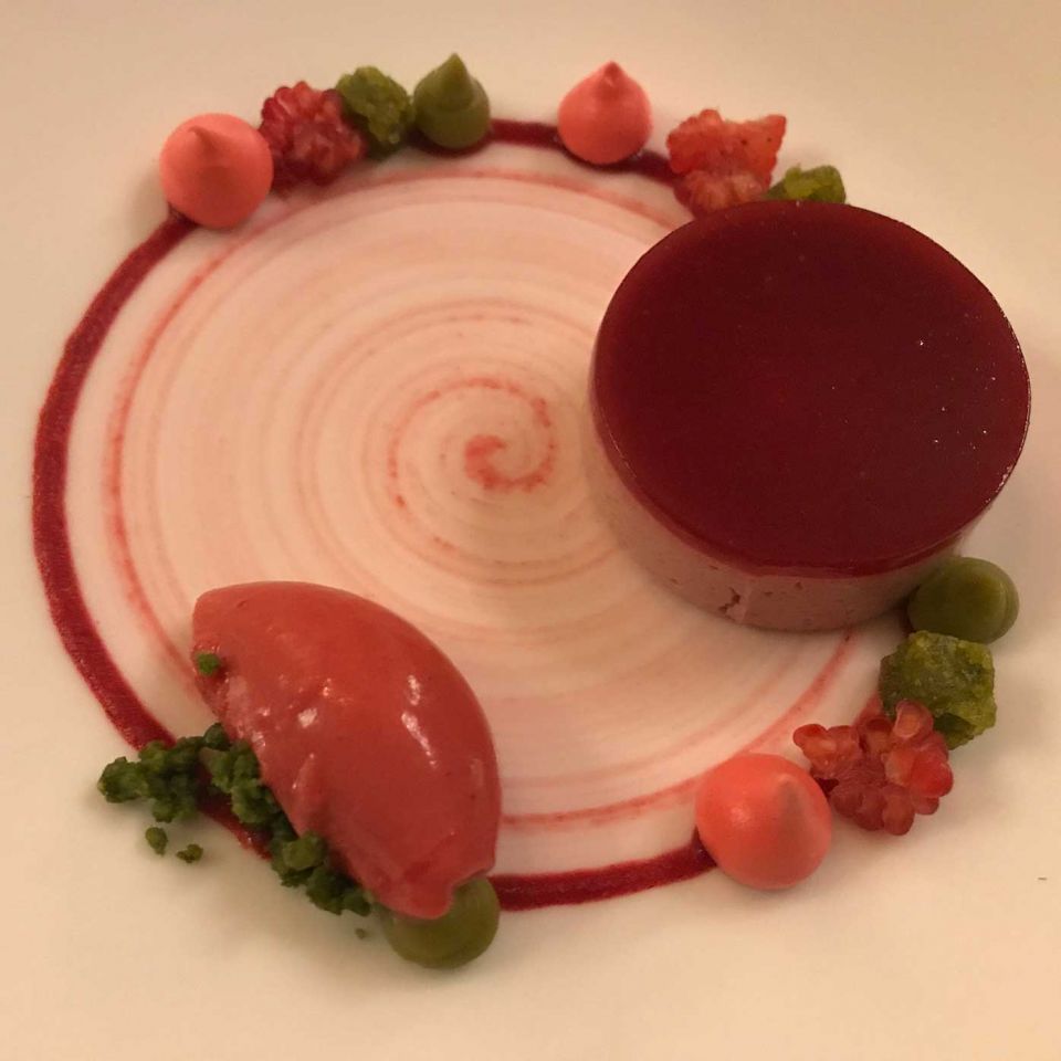 Raspberry and pistachio dessert