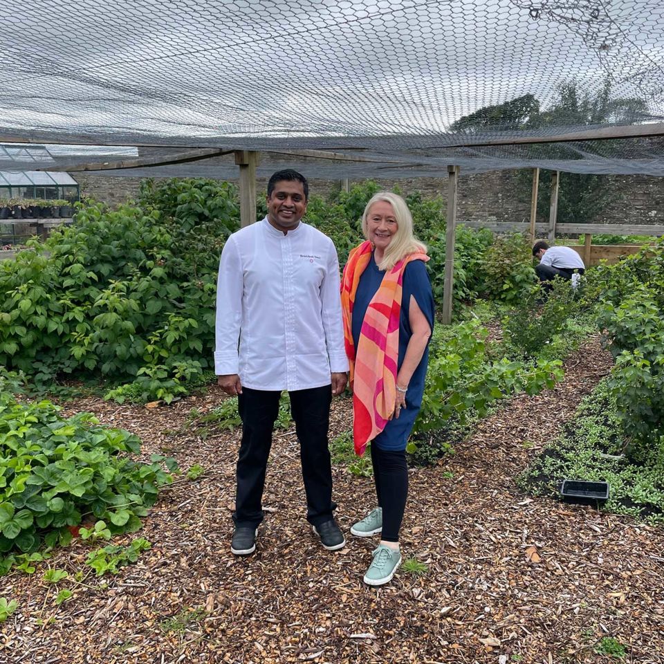 Renate with chef patron Hrishikesh Desai in the hotel’s kitchen garden